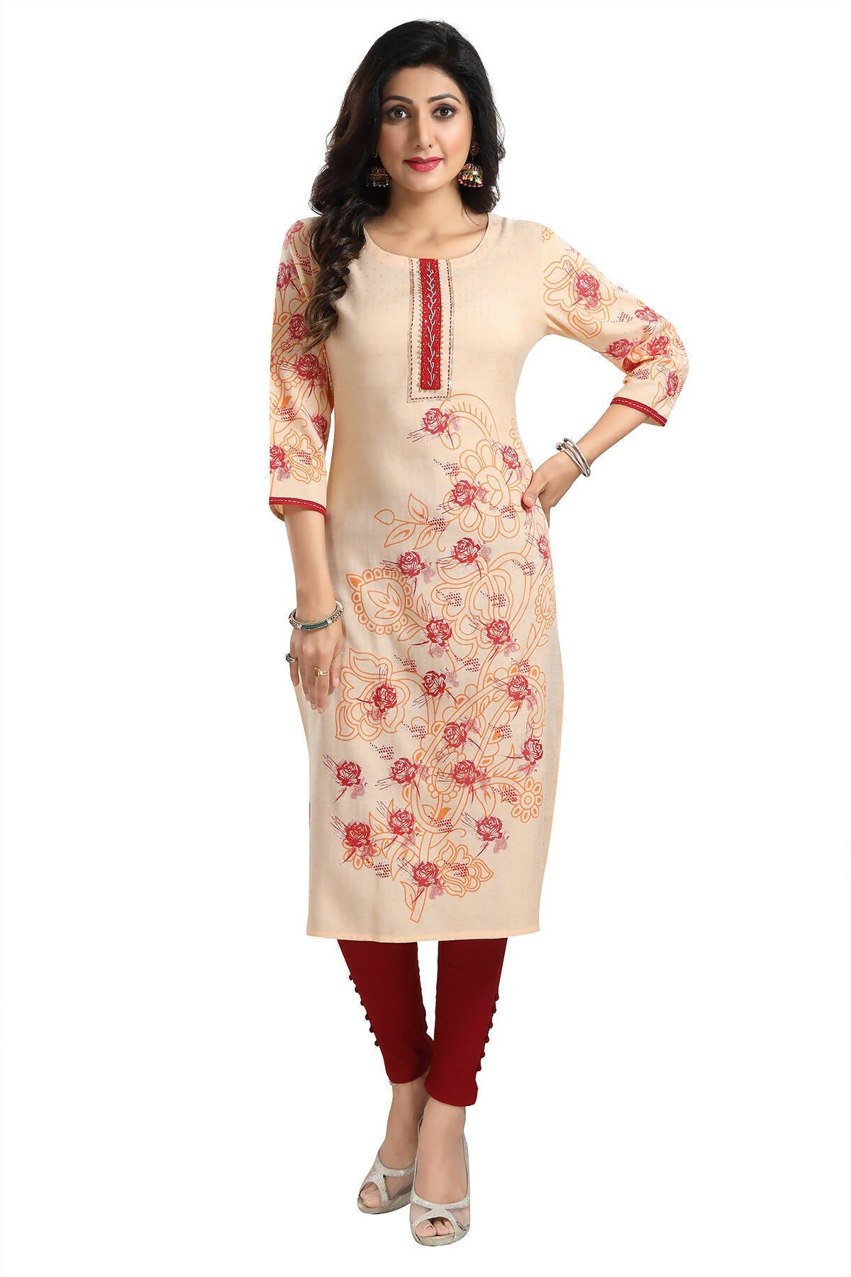Snehal Creations Pleasing Peach Rayon Textured Print Long Kurta For Women