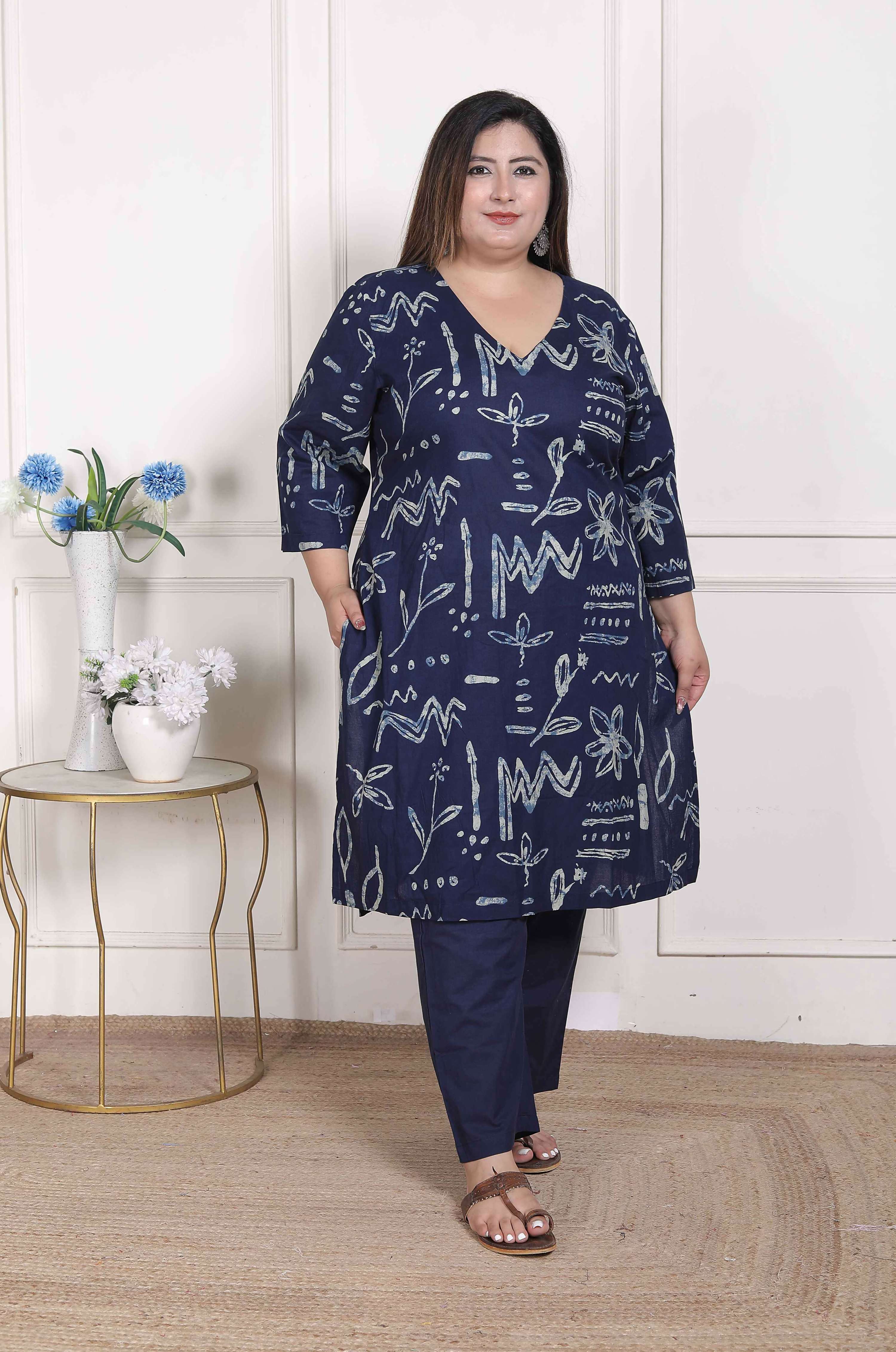 Miravan Women's Plus Size Abstract Printed Cotton Blue Kurta Set