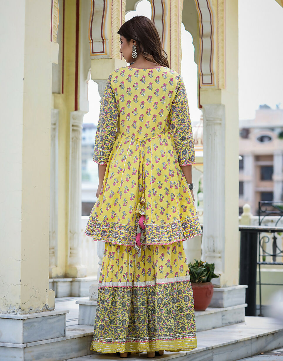 Kaajh Women's Yellow Floral Paplum Kurta Sharara Set With Dupatta