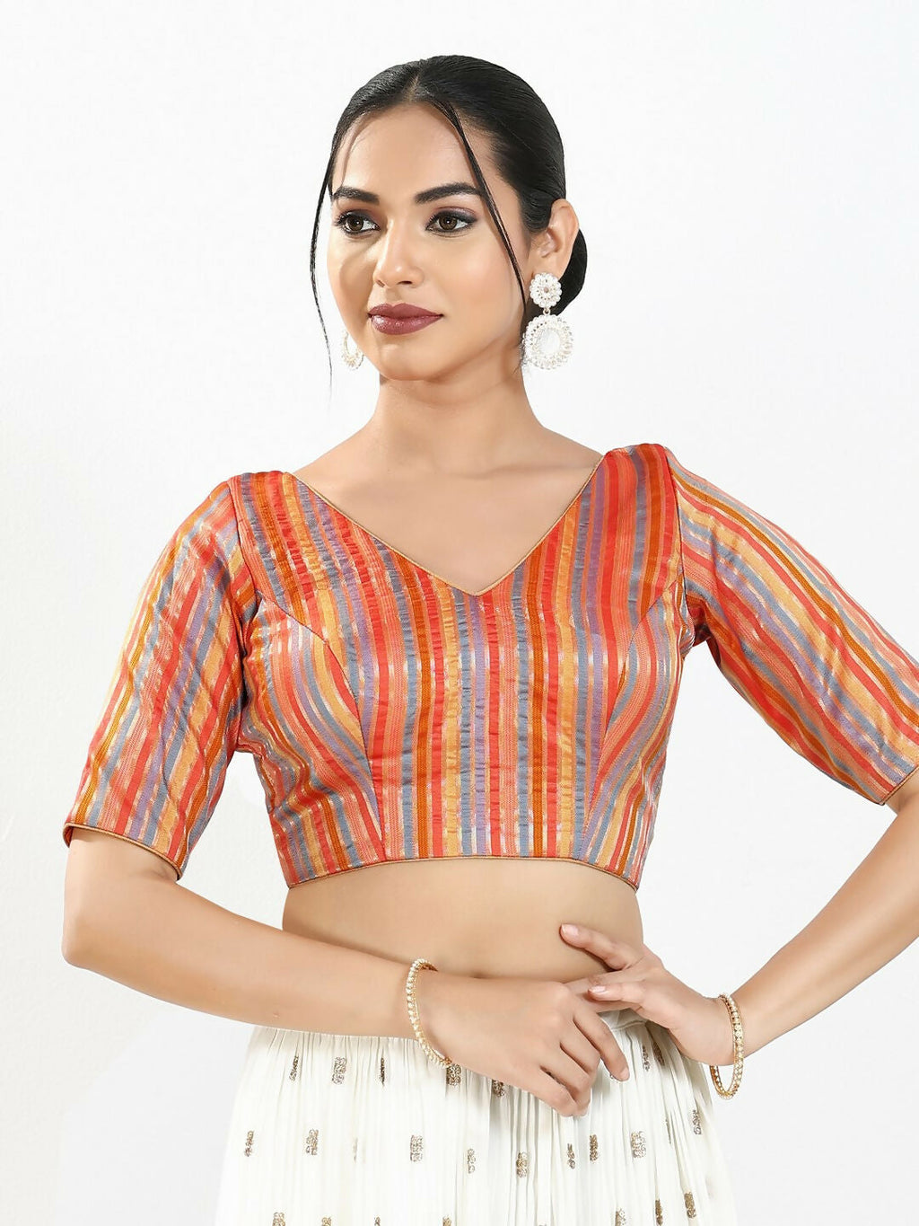 Joban Fashion Orange Multi Brocade Padded Blouse With V Neck Elbow Sleeves