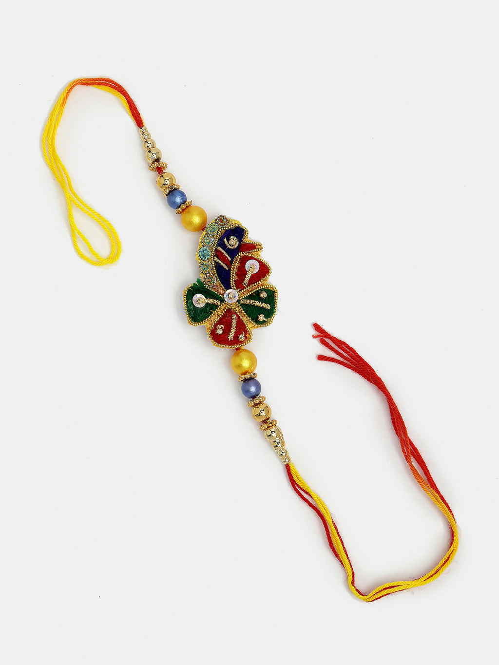 NVR Women & Men Set of 2 Multicolor Thread Work & Beaded Bhaiya Bhabhi Rakhi With Roli Chawal & Chocolate