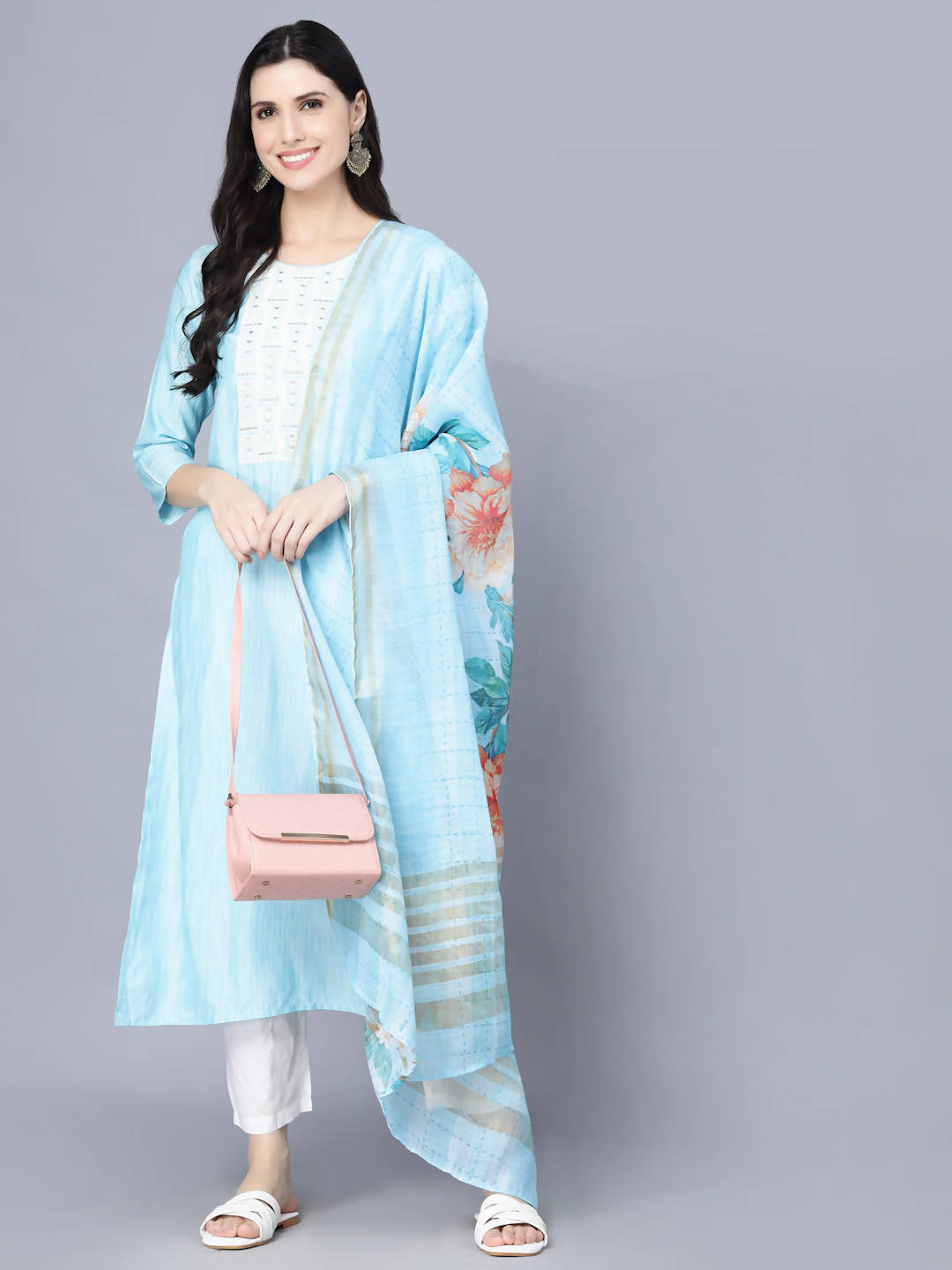 Myshka Women Turquoise Blue Panelled Pure Cotton Kurta with Trousers With Dupatta