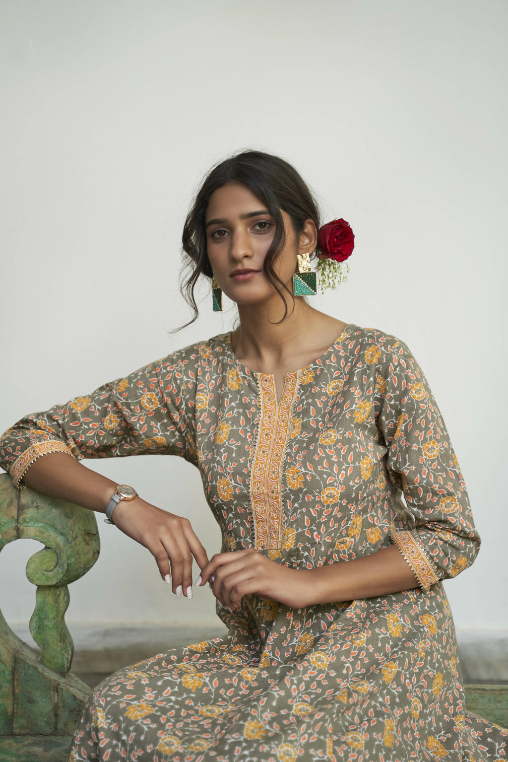 Grey Cotton Floral Printed A line Kurta - Prasuti