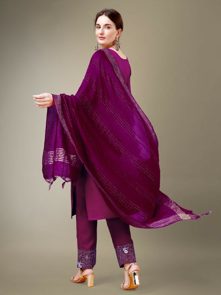 Jyoti Fashion Women's Purple Cotton Blend Embroidery & Fancy Lace work Kurta with Trouser & Dupatta