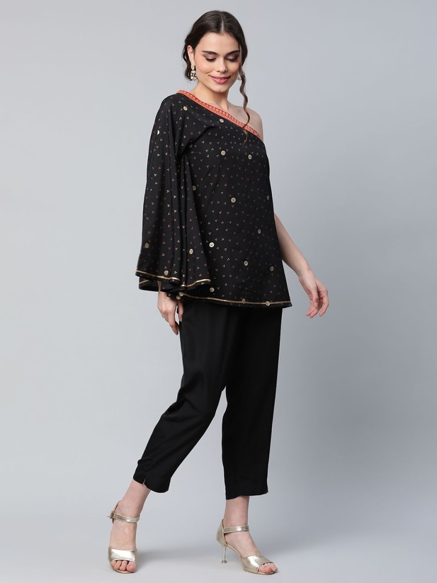 Ahalyaa Women Black Crepe Printed Top with Trouser Set