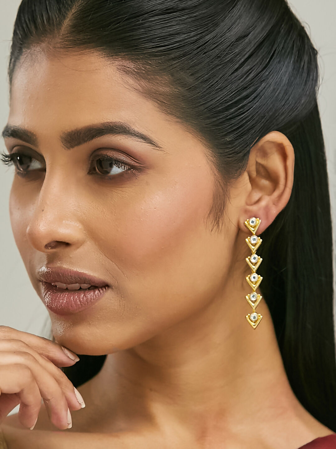 Nuyug 18K Gold-Plated Crystal Stone Studded Triangular Drop Sleek Earrings