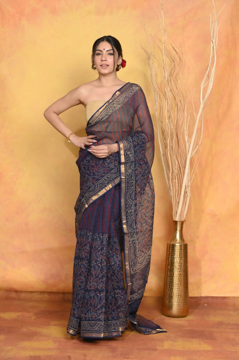 Very Much Indian Pure Kota Cotton Handblock Printed Saree - Dark Blue