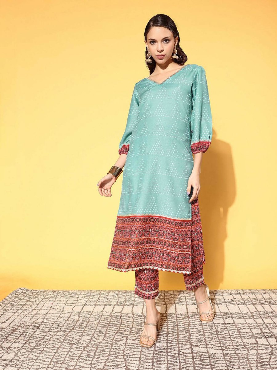 Ahalyaa Women's Teal Cotton Blend Digital Printed Kurta Pant Set