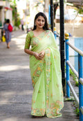 Green Pure Linen Ethnic Motifs Saree with Unstitched Blouse - Hiral Fashion