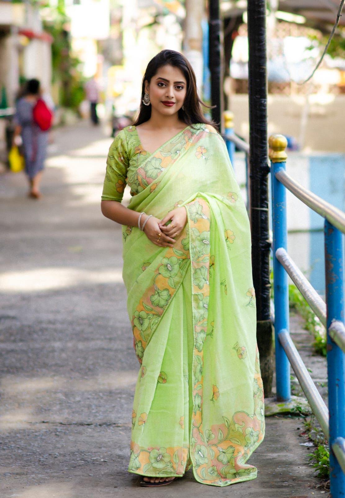Green Pure Linen Ethnic Motifs Saree with Unstitched Blouse - A2M