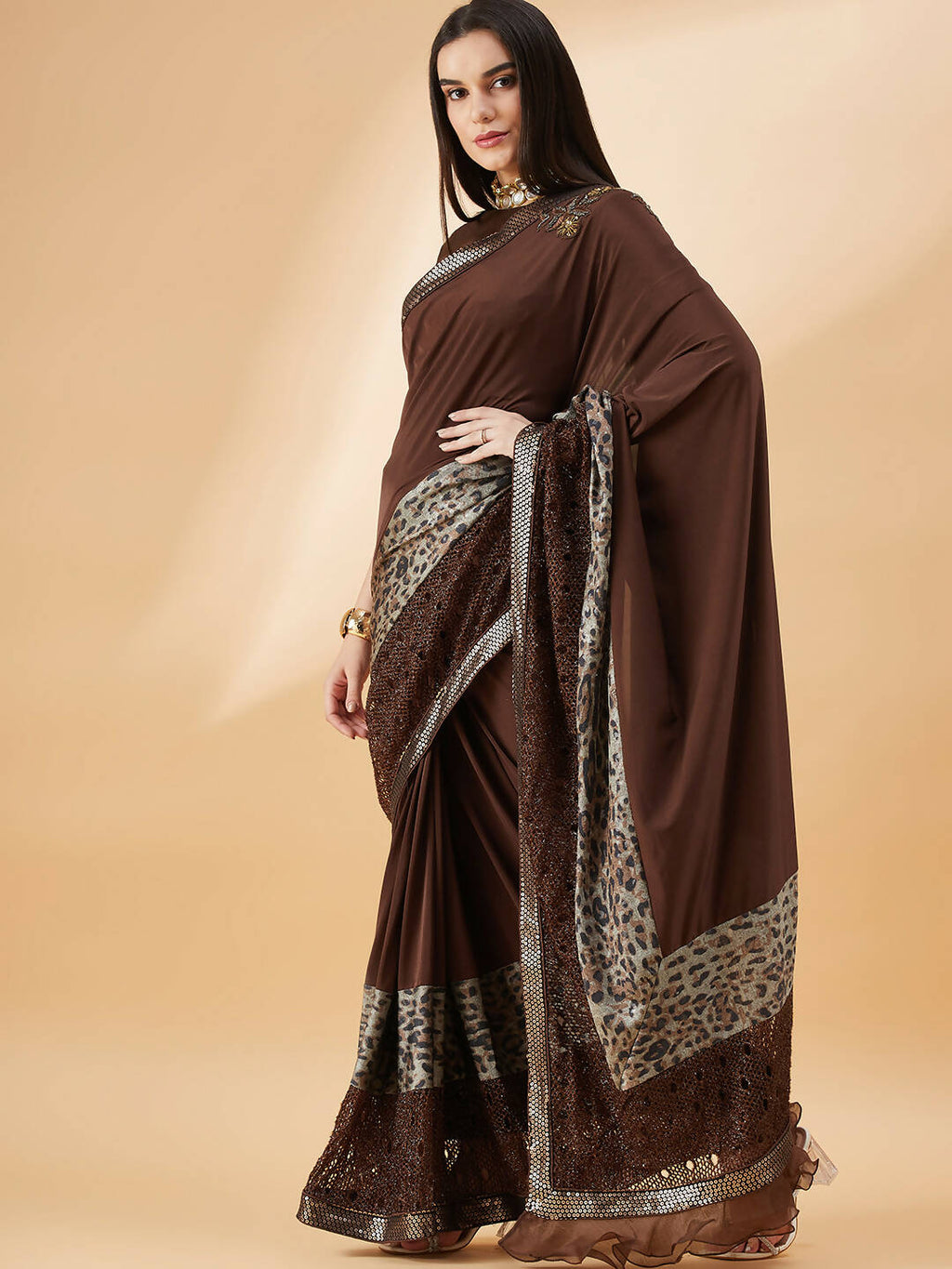 Brown Lycra Animal Print, Fancy Value Addition Fabric Saree - Norita Hit Design