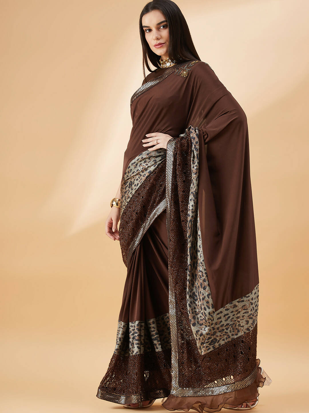 Brown Lycra Animal Print, Fancy Value Addition Fabric Saree - Norita Hit Design