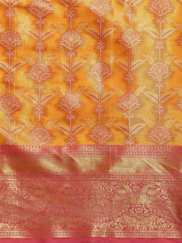 Mustard Brocade Zari Woven Floral Saree with Unstitched Blouse - Hiral Fashion