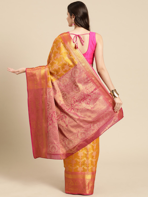 Mustard Brocade Zari Woven Floral Saree with Unstitched Blouse - Hiral Fashion