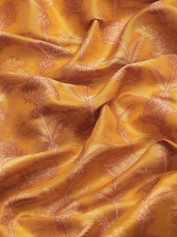 Mustard Brocade Zari Woven Floral Saree with Unstitched Blouse - Hiral Fashion