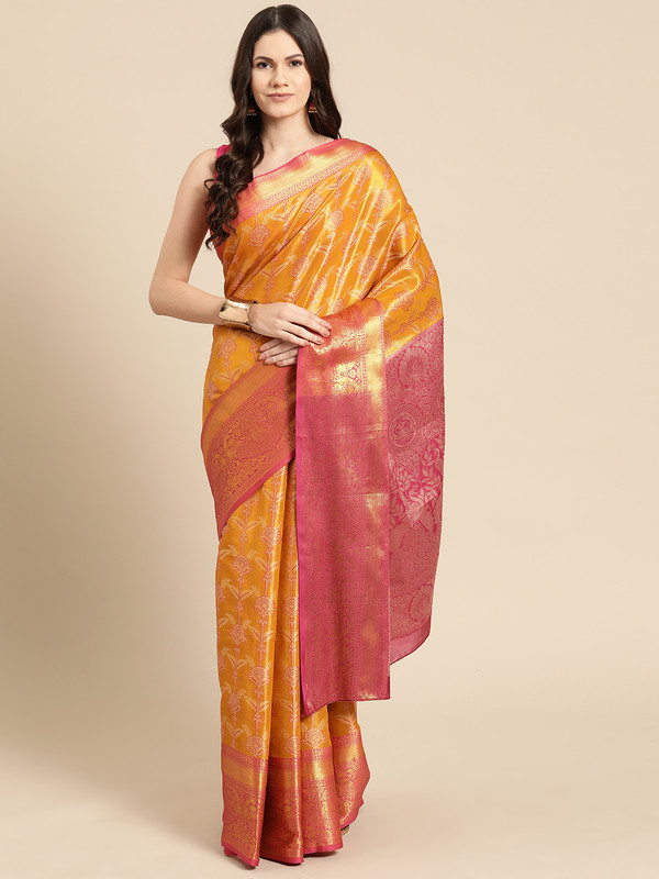 Mustard Brocade Zari Woven Floral Saree with Unstitched Blouse - Hiral Fashion