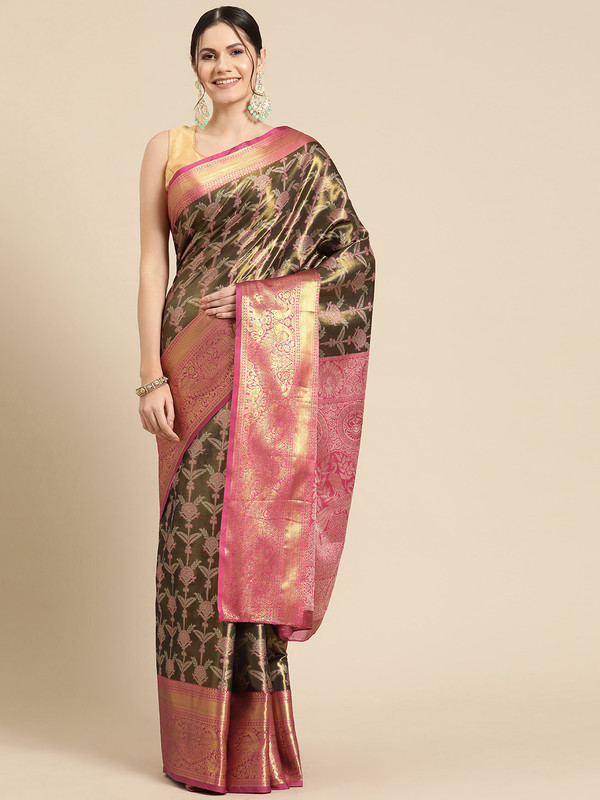 Black Brocade Zari Woven Floral Saree with Unstitched Blouse - Hiral Fashion