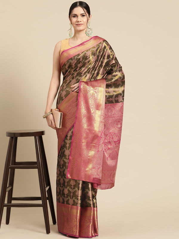 Black Brocade Zari Woven Floral Saree with Unstitched Blouse - Hiral Fashion