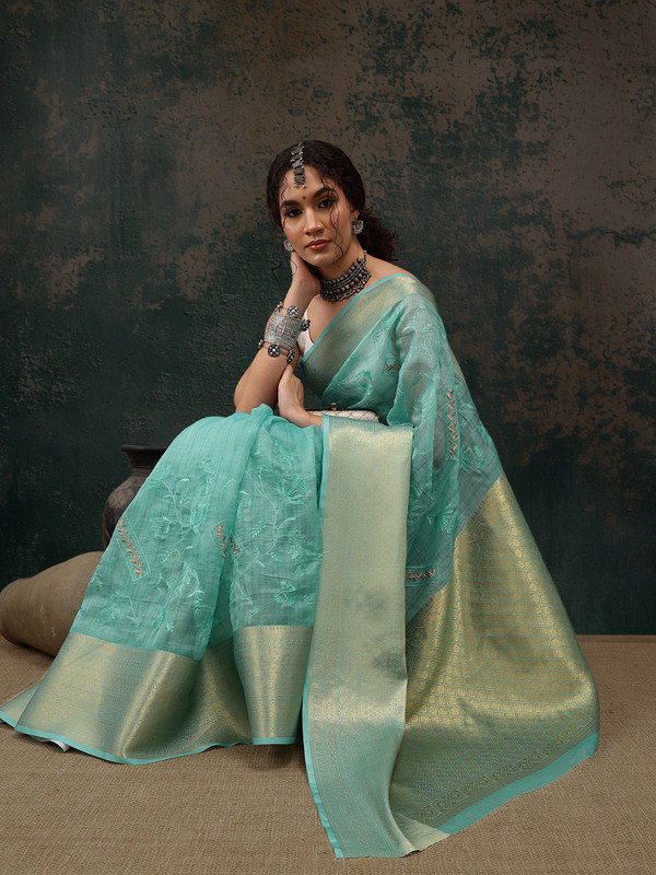 Turquoise Kota Doria Embroidered Floral Saree with Unstitched Blouse - Hiral Fashion