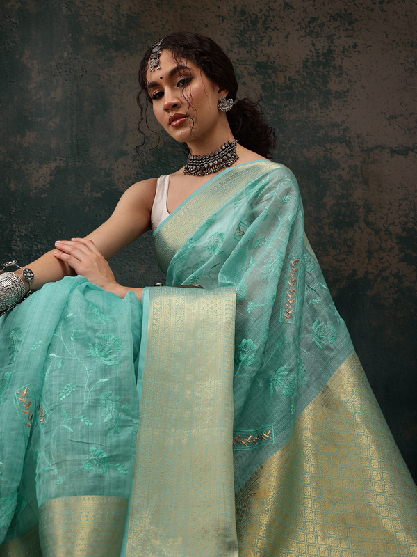 Turquoise Kota Doria Embroidered Floral Saree with Unstitched Blouse - Hiral Fashion