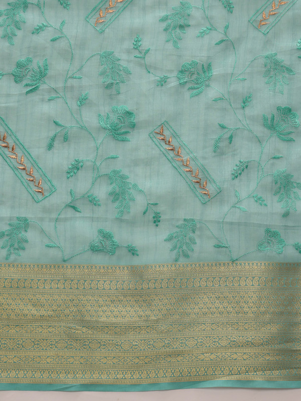 Turquoise Kota Doria Embroidered Floral Saree with Unstitched Blouse - Hiral Fashion