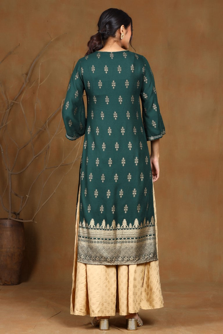 Juniper Jadegreen Rayon Moss Gold Foil Print Straight Kurta with Yoke Detailing