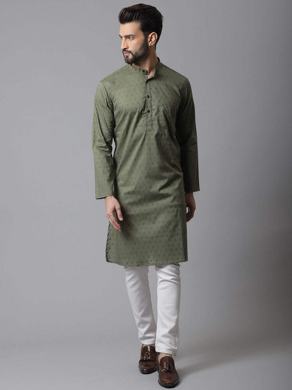 Even Apparels Green Pure Cotton Kurta With Band Collar