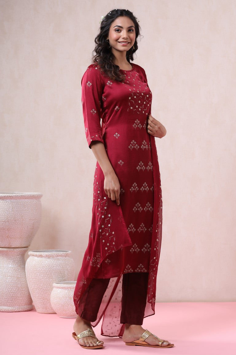Juniper Women's Maroon Pure Silk Embellished Kurta Set