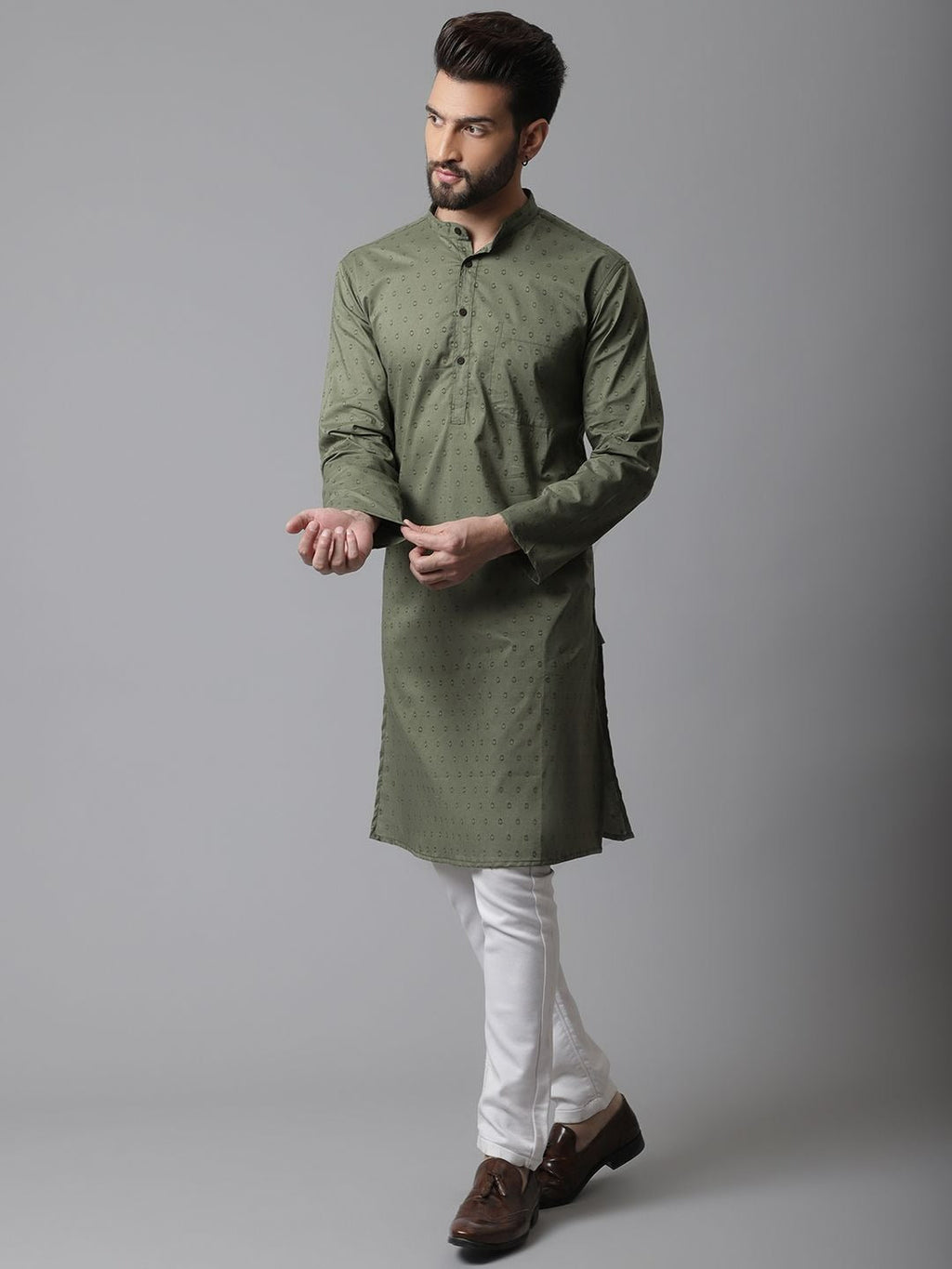 Even Apparels Green Pure Cotton Kurta With Band Collar