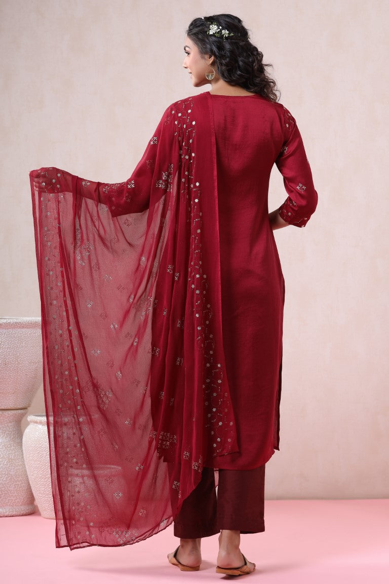Juniper Women's Maroon Pure Silk Embellished Kurta Set