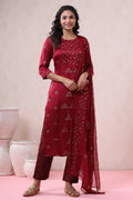 Juniper Women's Maroon Pure Silk Embellished Kurta Set