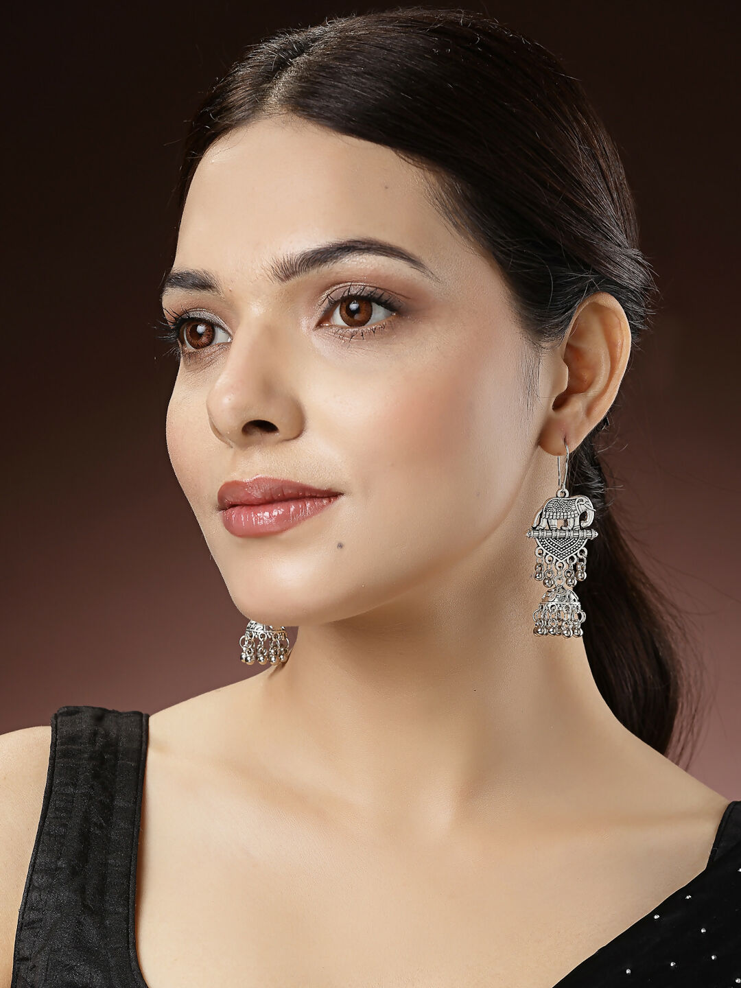 NVR Women's Silver-Toned Elephant Design German Silver Oxidised Dome Shaped Jhumka Earrings