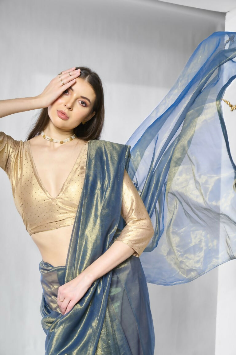 Blue Gold Tissue Net Solid & Gold Cotted Saree - Samaa