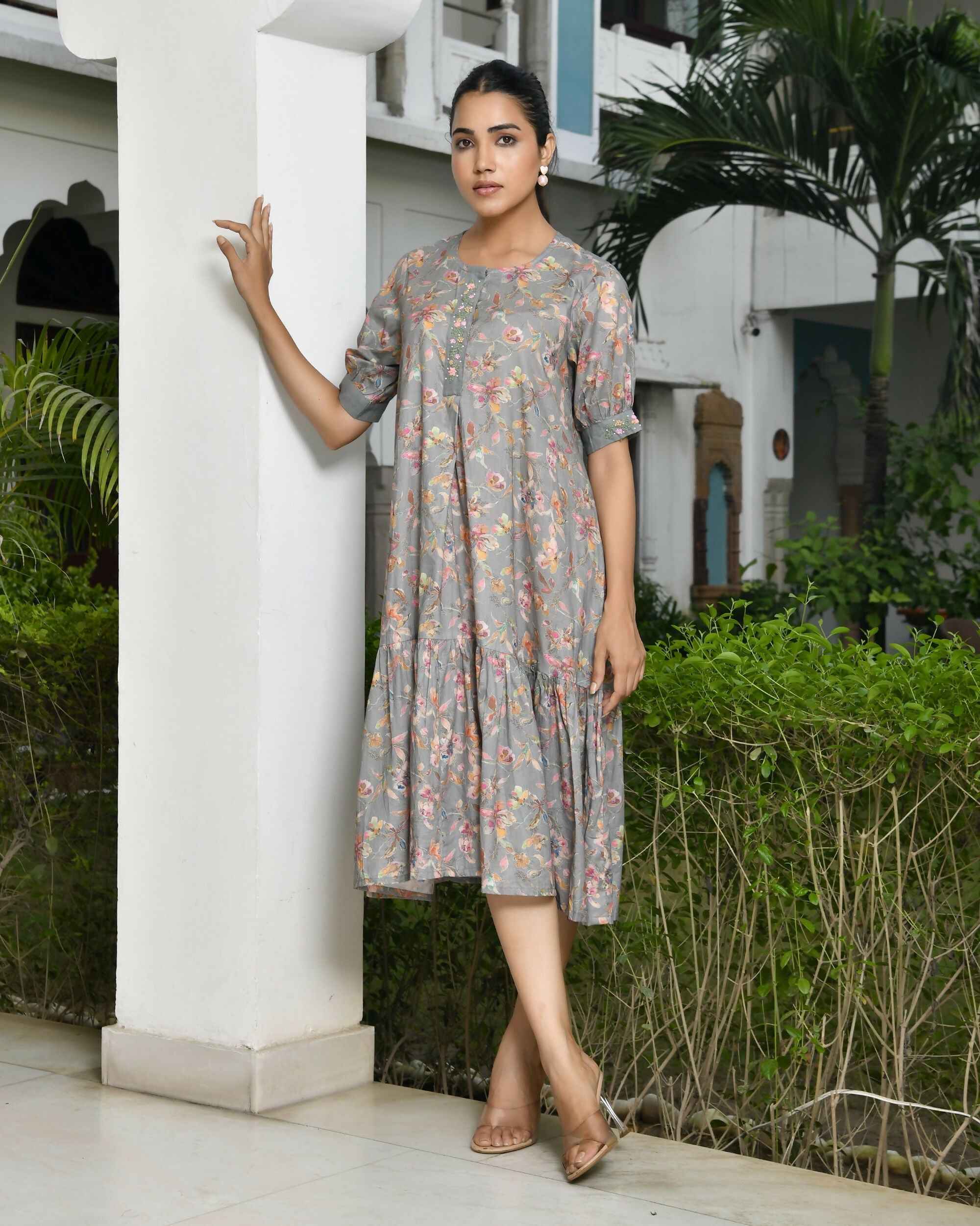 Vaasva Women's Grey Cotton Digital Printed Embroidered Placket Dress