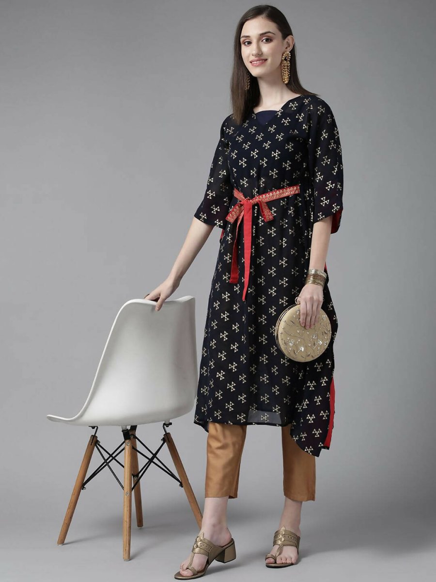 Ahalyaa Women Navy Blue Georgette Gold Printed Kaftan Kurta