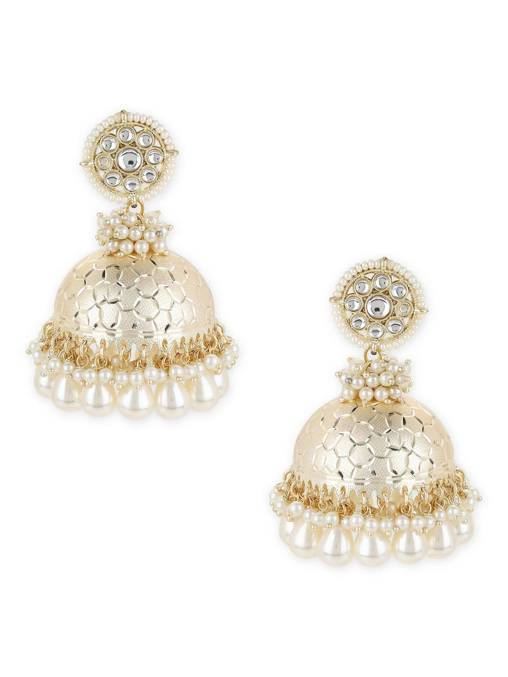 Gold-Toned White Pearl Beaded Contemporary Gold-Polished Jhumkas Earrings - Ruby Raang