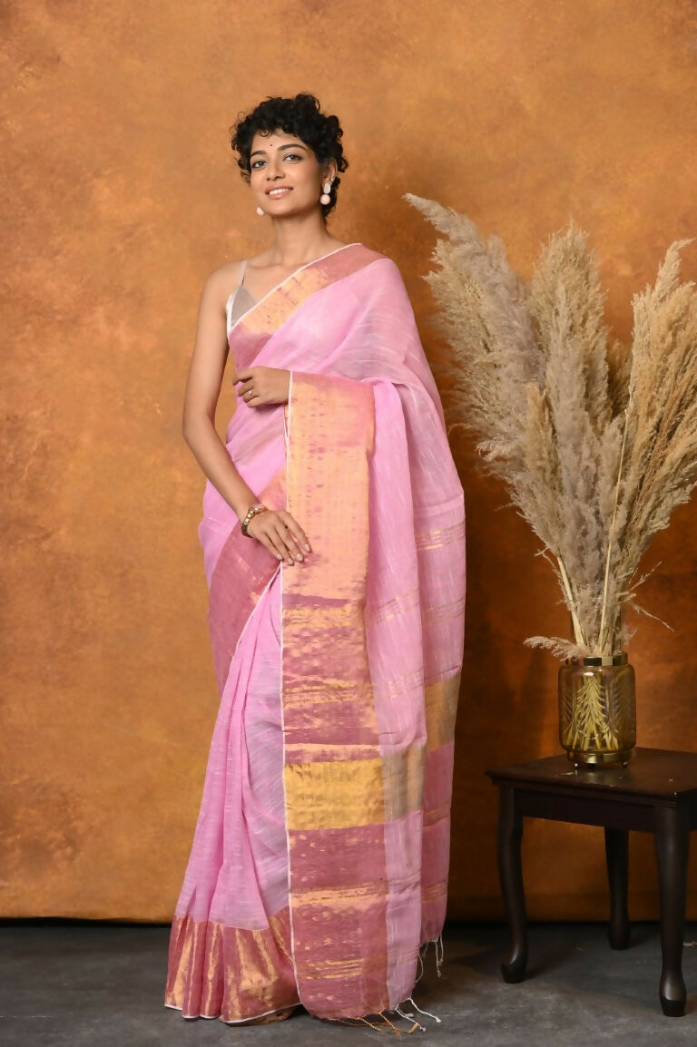 Very Much Indian Handloom Pure Cotton Linen Saree With Golden Border - Pink