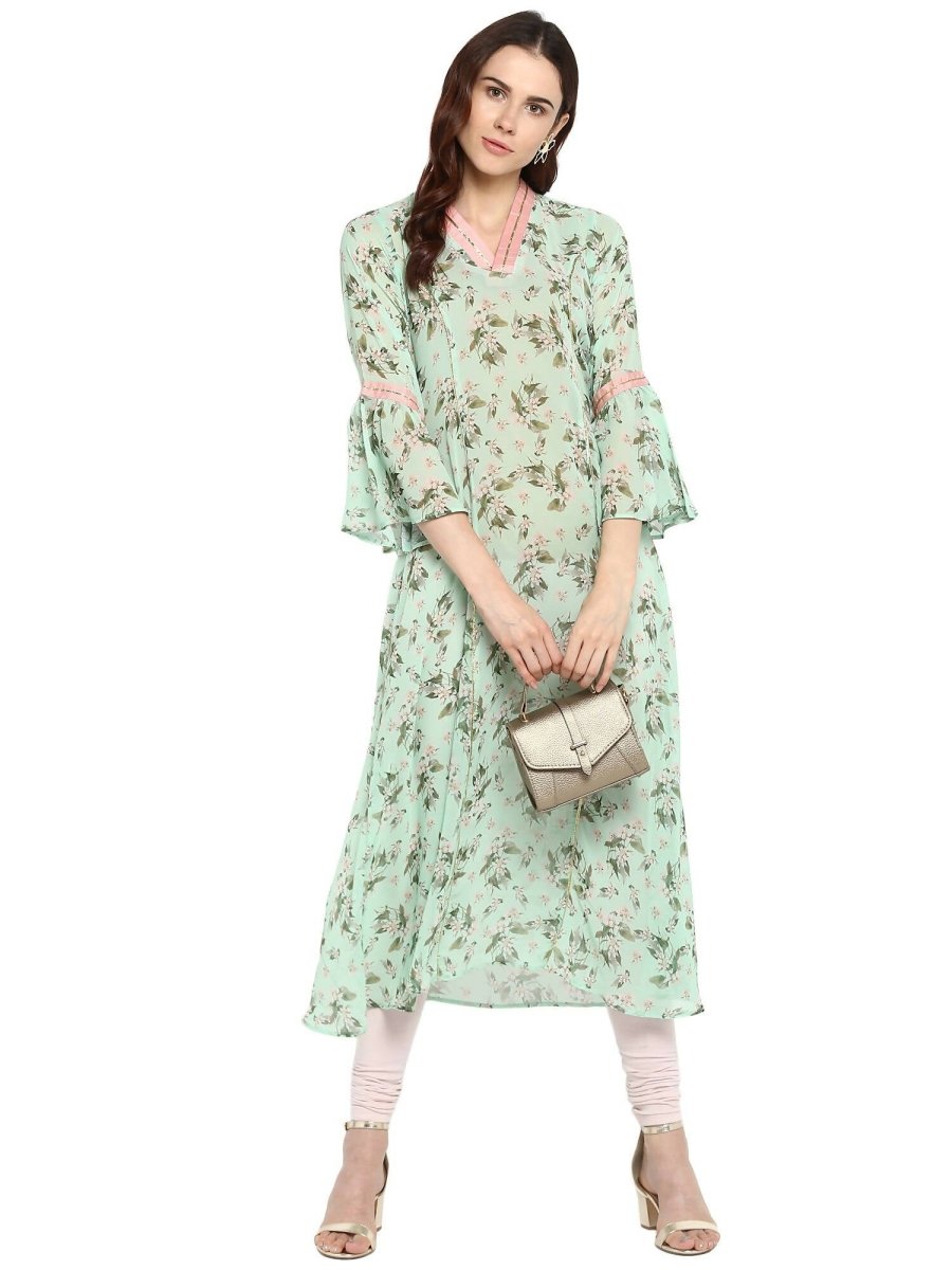 Ahalyaa Women's Yellow Geogette Digital Print Kurta