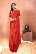 Red Chiffon Foil Printed Saree with Unstitched Blouse Piece - Rajal