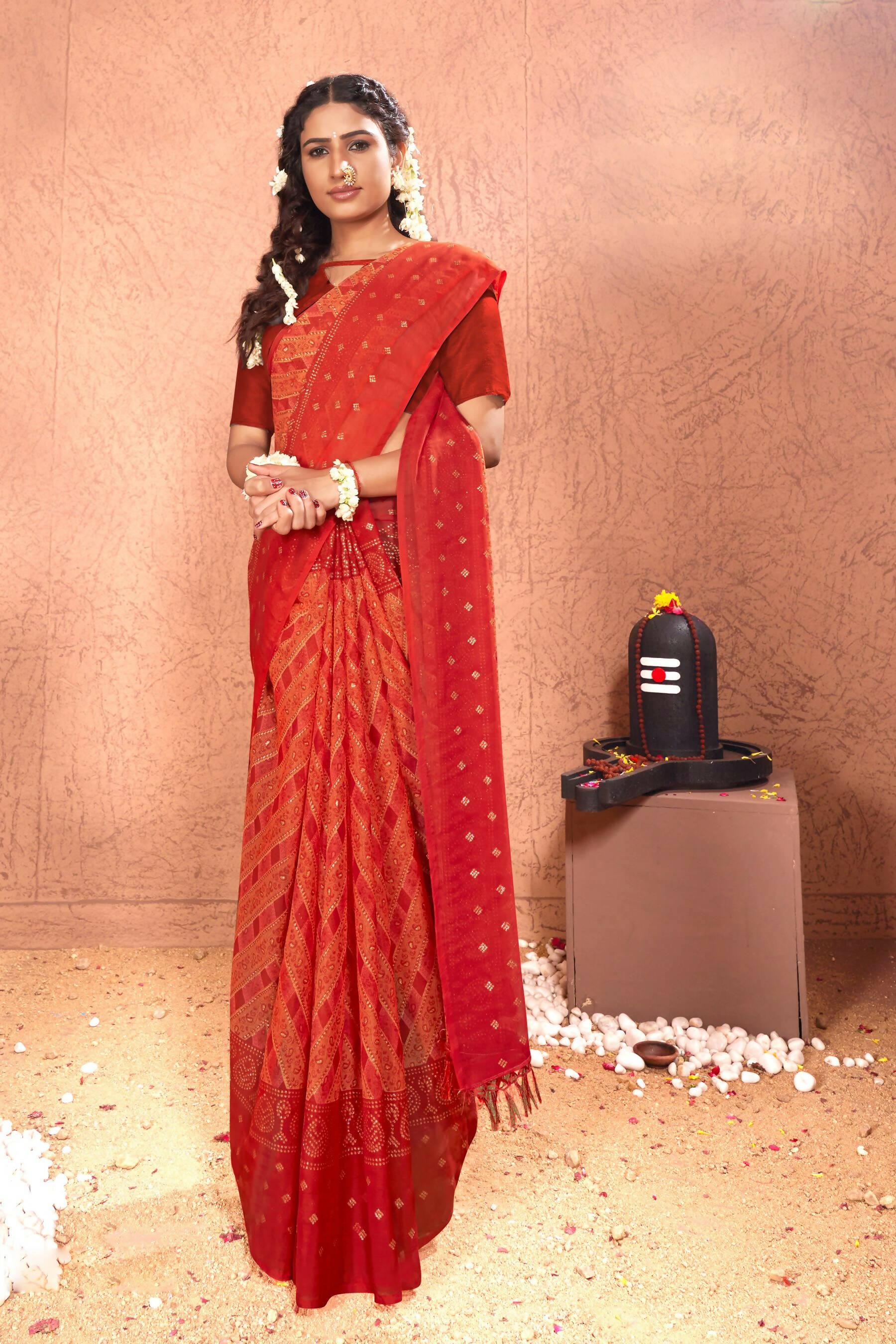 Red Chiffon Foil Printed Saree with Unstitched Blouse Piece - Rajal