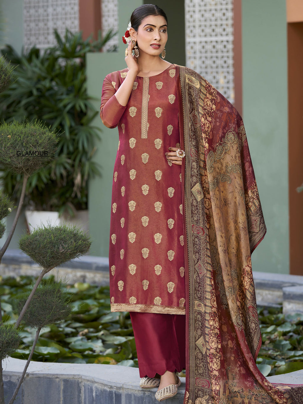 Jyoti Fashion Women's Maroon Pure Silk Elegant Jacquard Woven Kurta with Trouser & Dupatta
