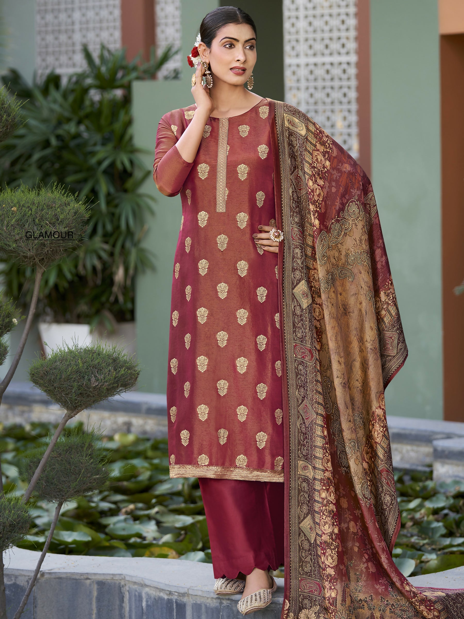 Jyoti Fashion Women's Maroon Pure Silk Elegant Jacquard Woven Kurta with Trouser & Dupatta