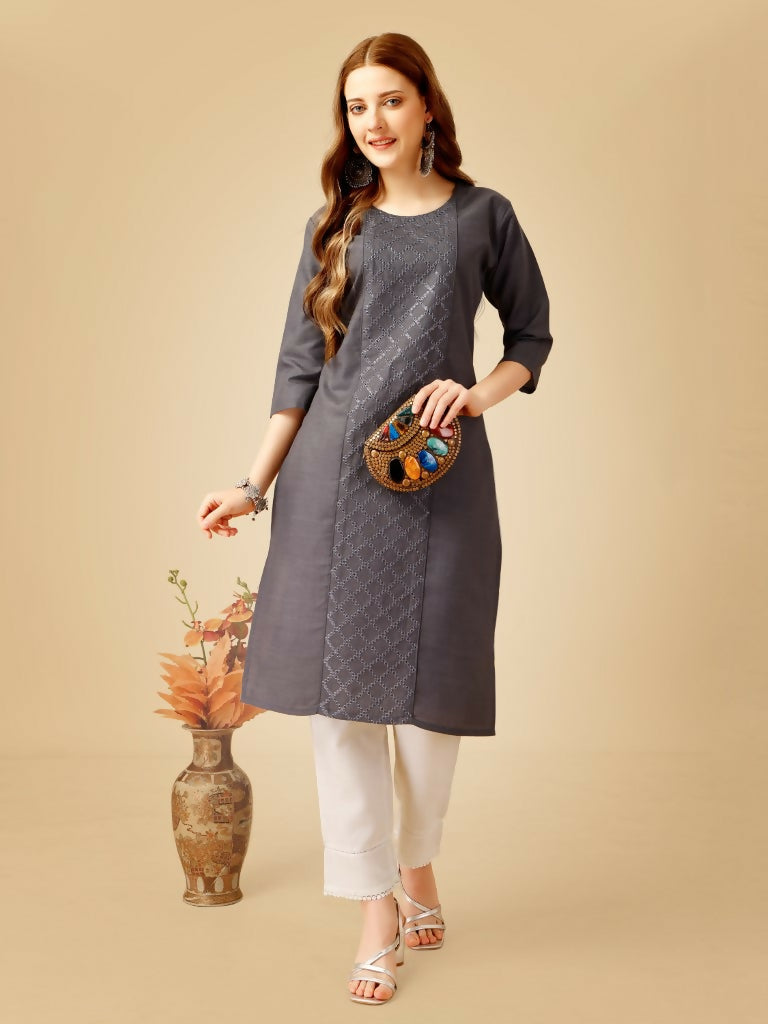 Jyoti Fashion Women's Grey Cotton Blend Embroidered Kurta Pant Set