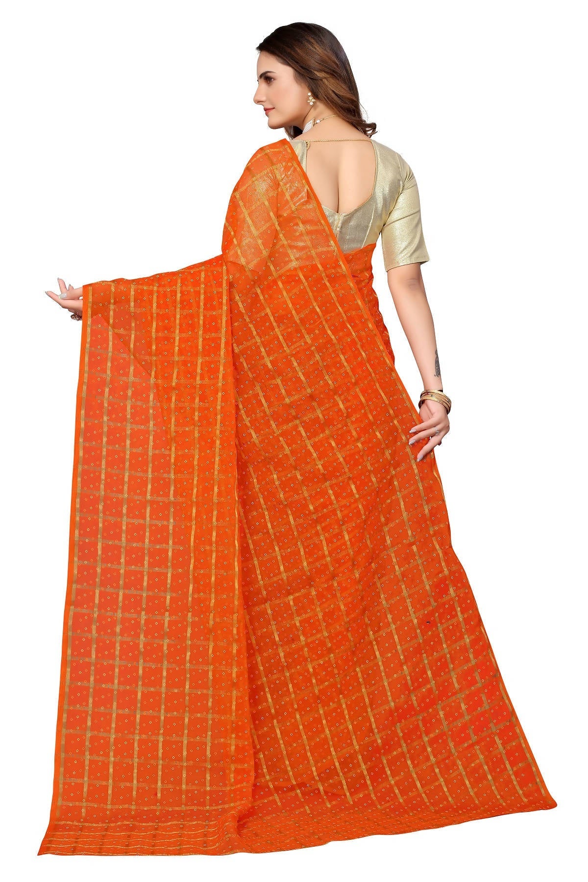Vamika Ethnic Fire Orange Jari Work Chiffon Saree