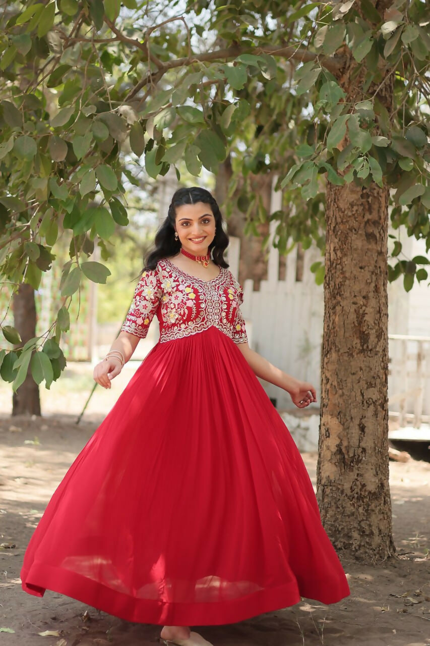 Vastranavya Faux Blooming with Embroidery Zari Sequins-work Gown - Red