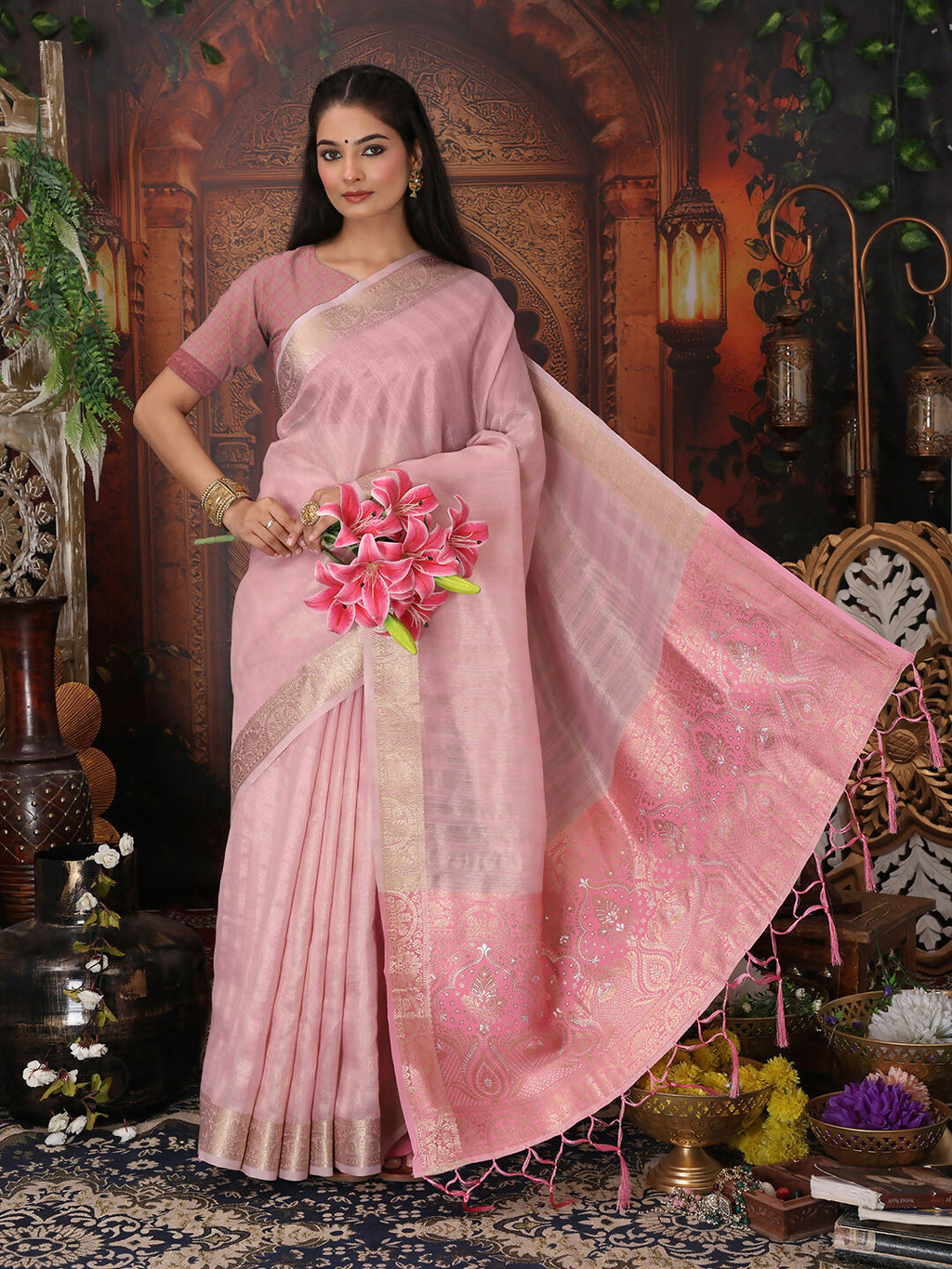 Shree Shyam Fashion Organza Light Pink Saree