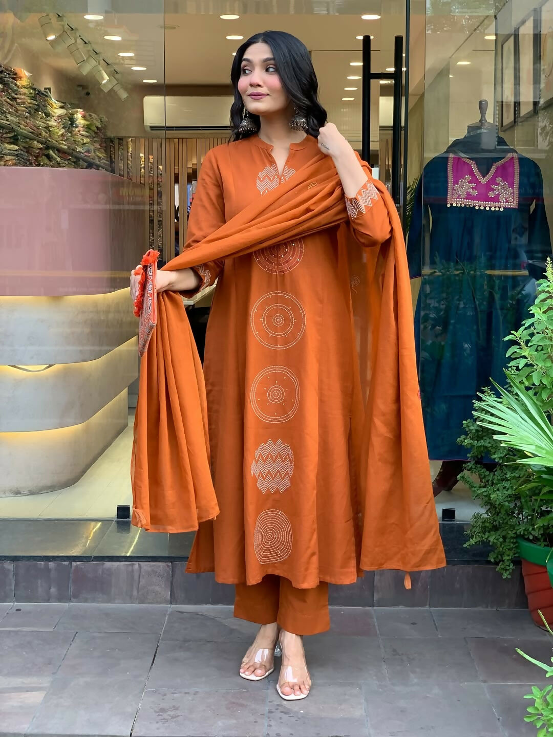 The52 Orange Women's Gorgeous Chanderi Fabric Embroidered Work Straight Kurta Pant and Dupatta Set