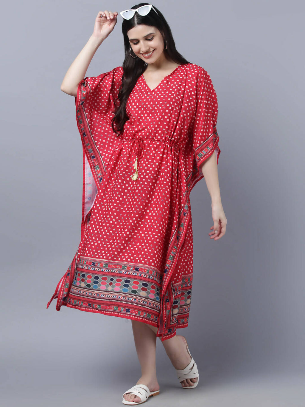 Myshka Women's Red White Ethnic Motifs Printed Kaftan Midi Dress