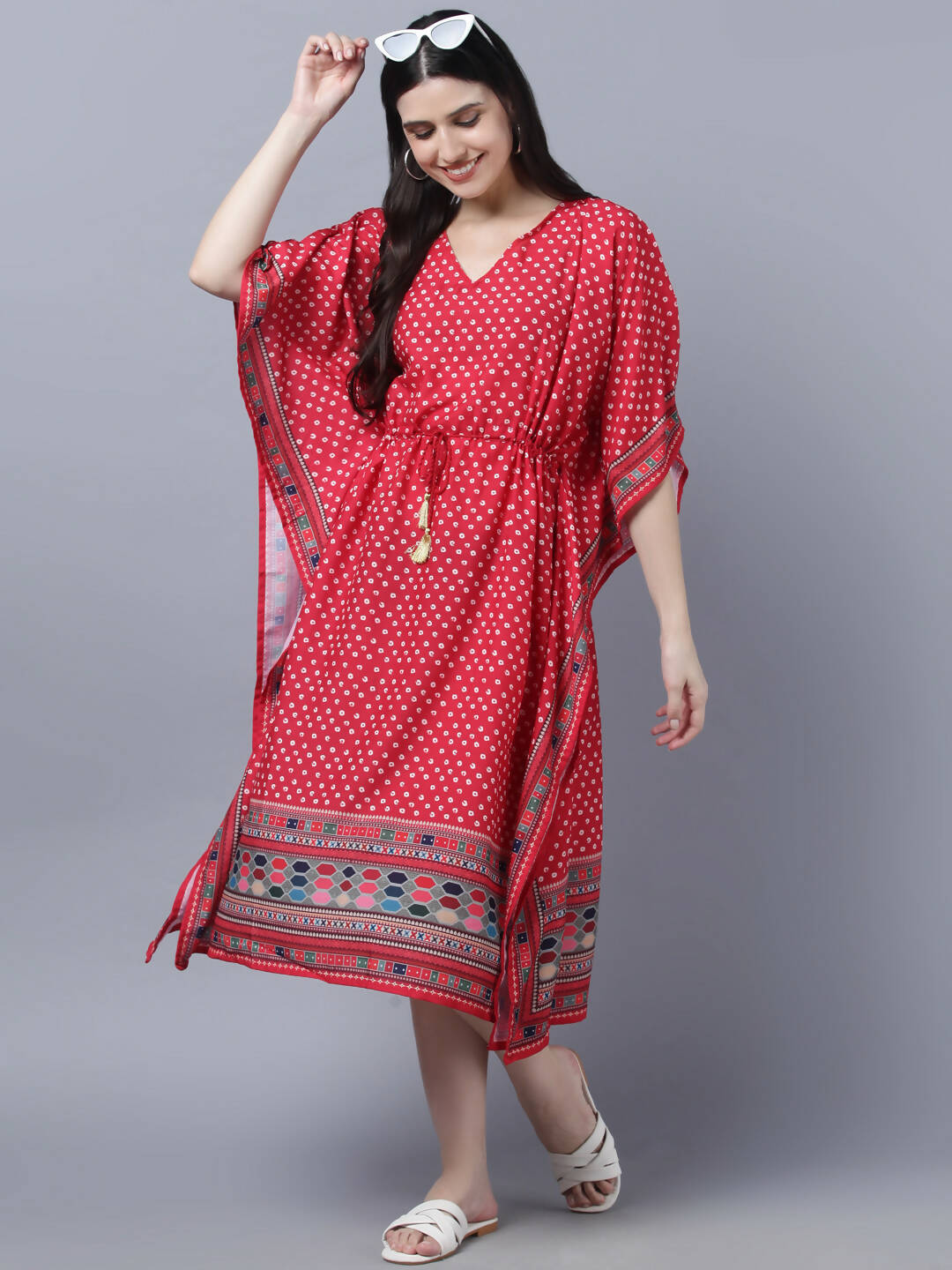 Myshka Women's Red White Ethnic Motifs Printed Kaftan Midi Dress