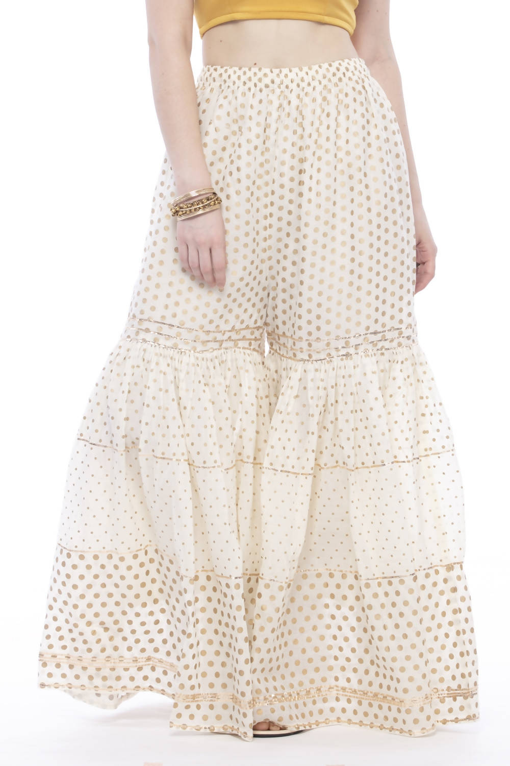 Mominos Fashion Trendy Cotton Off White Gold Print With Gota Sharara